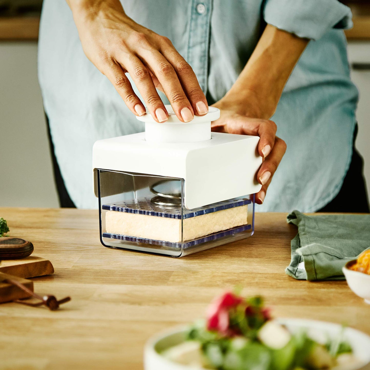TofuBud Tofu Press - Tofu Presser for Firm or Extra Firm Tofu - Tofu Maker with Water Drainer Made from Sturdy Sustainable Materials - Tofu Recipe Book Included