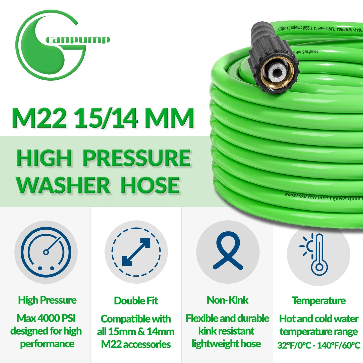 1/4-in Cold Water FleXoMaxx Pressure Washer Hose, 4000 psi, M22 Connector, 30 ft