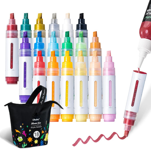 Ohuhu Acrylic Paint Markers 18 Colors Reversible Tip Jumbo Chisel & Round Acrylic Markers Excellent Coverage Paint Pens Waterproof Permanent for Poster Sign Wood Glass Ceramic Rock Painting - Mauna
