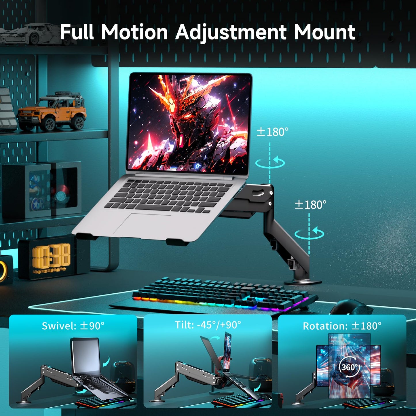 Pholiten 2 in 1 Laptop Desk Mount with Gas Spring Arm, Monitor Laptop Stand for 12-17 Inch Notebook and 13-32 Inch Computer Screen, Holds 22lbs, Full Motion with Vented Tray