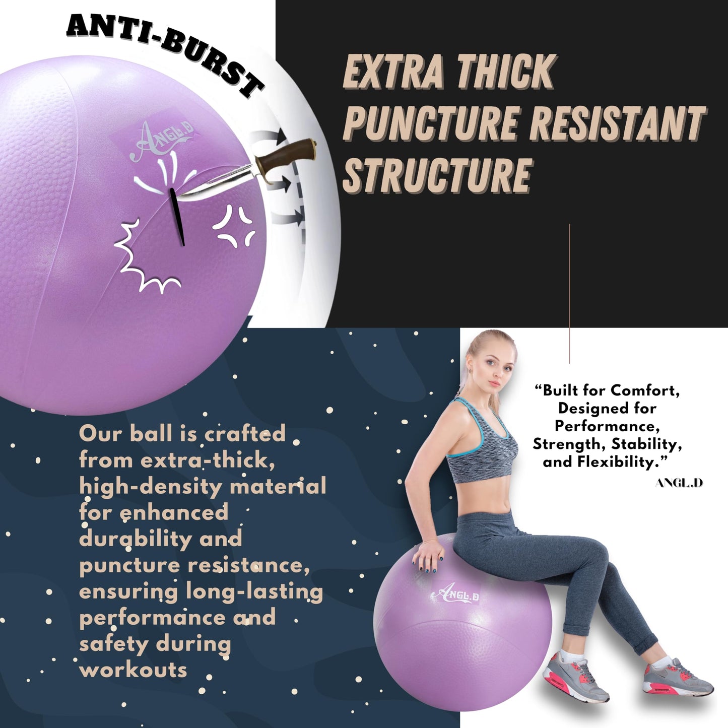 ANGL.D Yoga Ball, Stability Ball for Pilates, Core Training, Pregnancy & Physical Therapy, 65cm, 1 Count