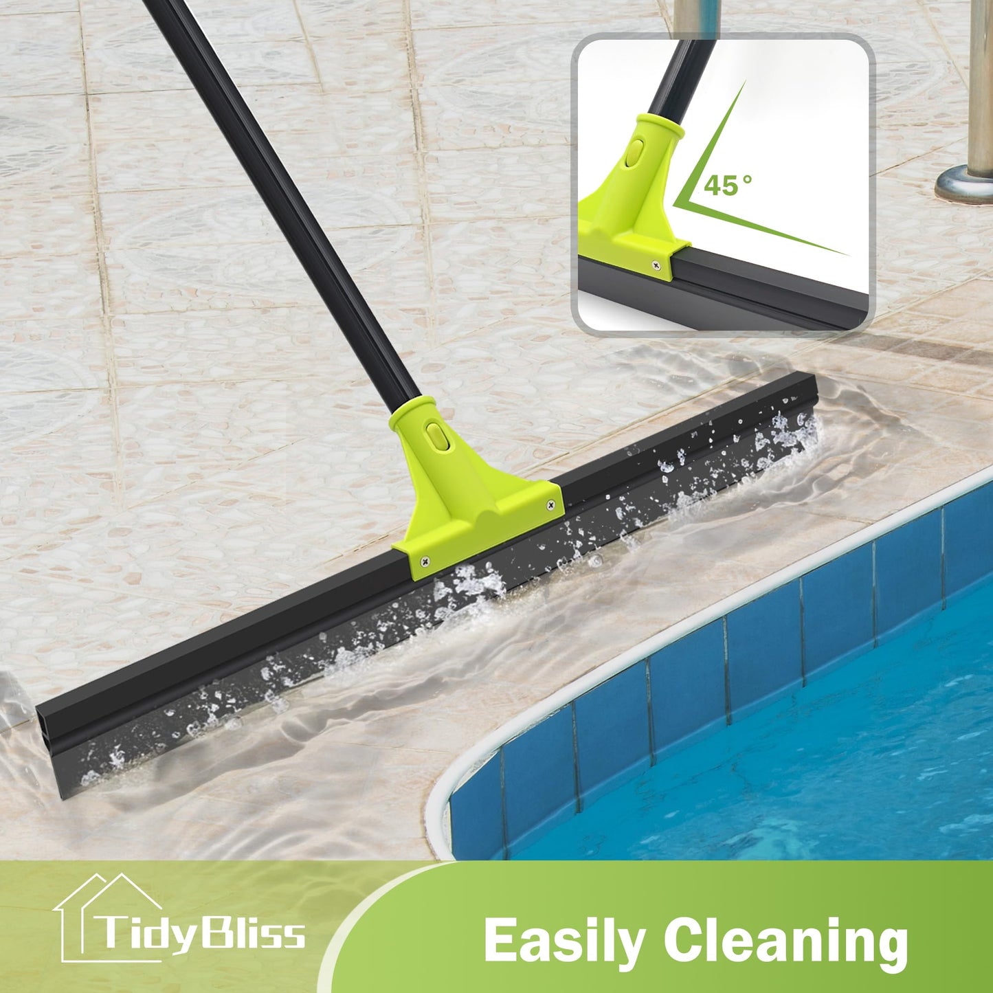 TidyBliss Floor Squeegee Broom, 24 inches Large Heavy Duty Rubber Foam Water Scraper, Epoxy Wiper Mop with 62 inches Long Handle for Cleaning Concrete Pool Rug Garage Deck Shower Window Outdoor Green