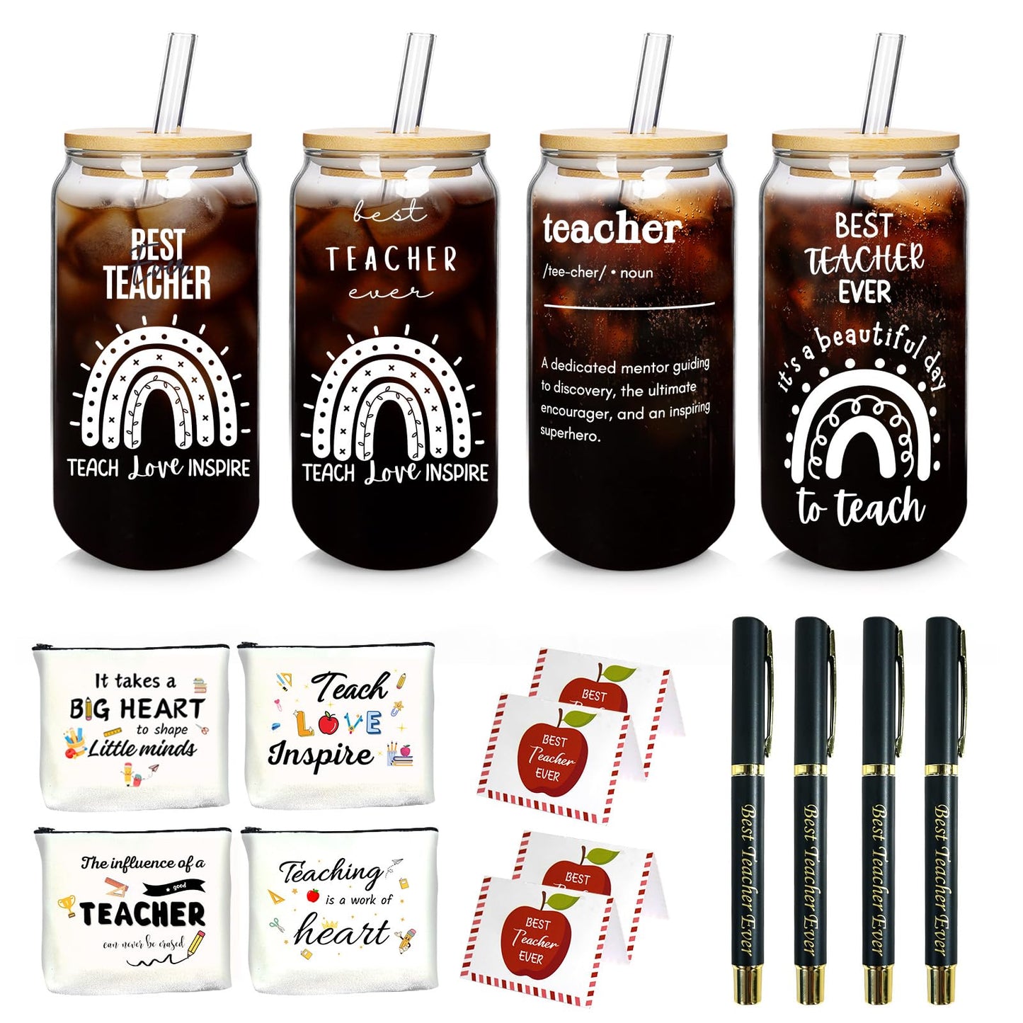 Teacher Appreciation Gifts in Bulk 4 Set– 24-Piece Set with 4 18oz Glass Cups, Bamboo Lids, Straws, Pens, Pouches & Thank You Cards – End of Year, Graduation, Back to School Gifts for Teachers