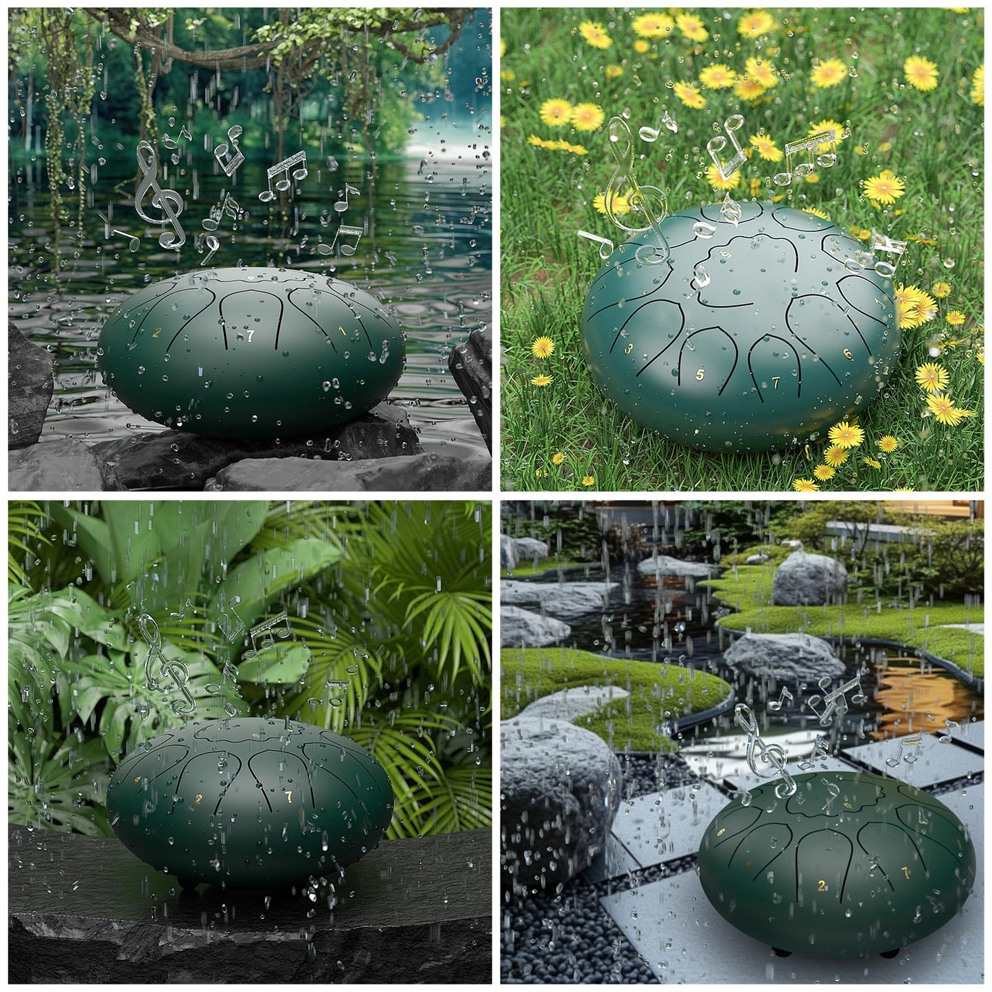 Rain Drum for Outside Garden, 8 Inches 11 Notes Steel Tongue Drum, Waterproof Meditation Rain Chime, Musical Instruments for Adult Gift with Bag, Music Book, Mallets (Green)