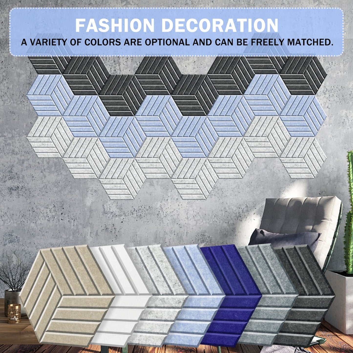 SHJADE 12 Pack Acoustic Panel Self-Adhesive, 14" X 12" X 0.4"High Density Sound Proof Padding, Hexagon Sound Proof Insulation Beveled Edge Wall Tiles(White)
