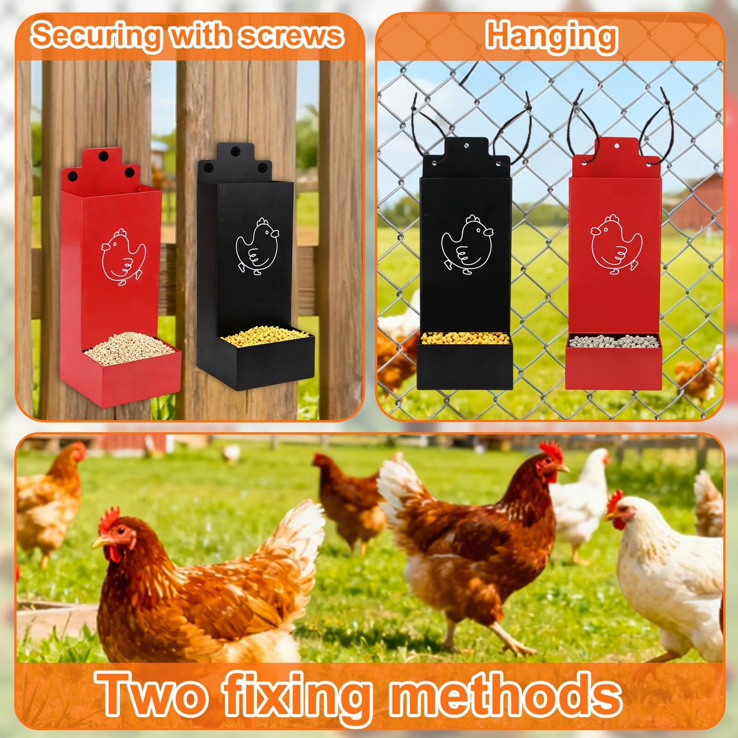 2pcs Chicken Oyster Shell & Grit Feeder, Metal Hanging Poultry Feeder Trough for Hens Durable Chicken Coop Accessories (Black & Red)