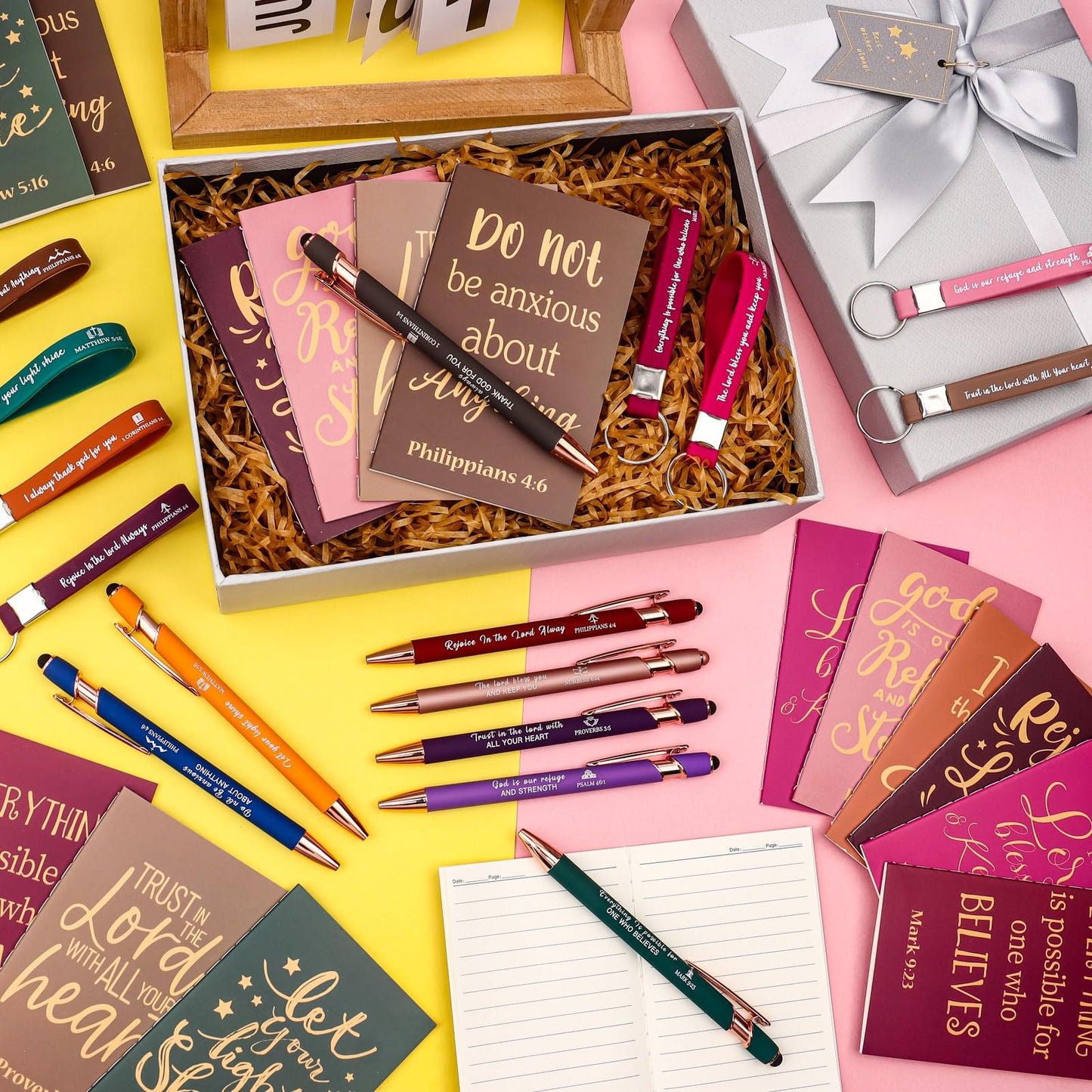 64 Pcs Christian Gift Bulk Include 16 Bible Verse Notebooks 16 Christian Pens 16 Religious Keychain and 16 Organza Bags Inspirational Bible Notepads Gift Set for Church School Supplies Easter Favor