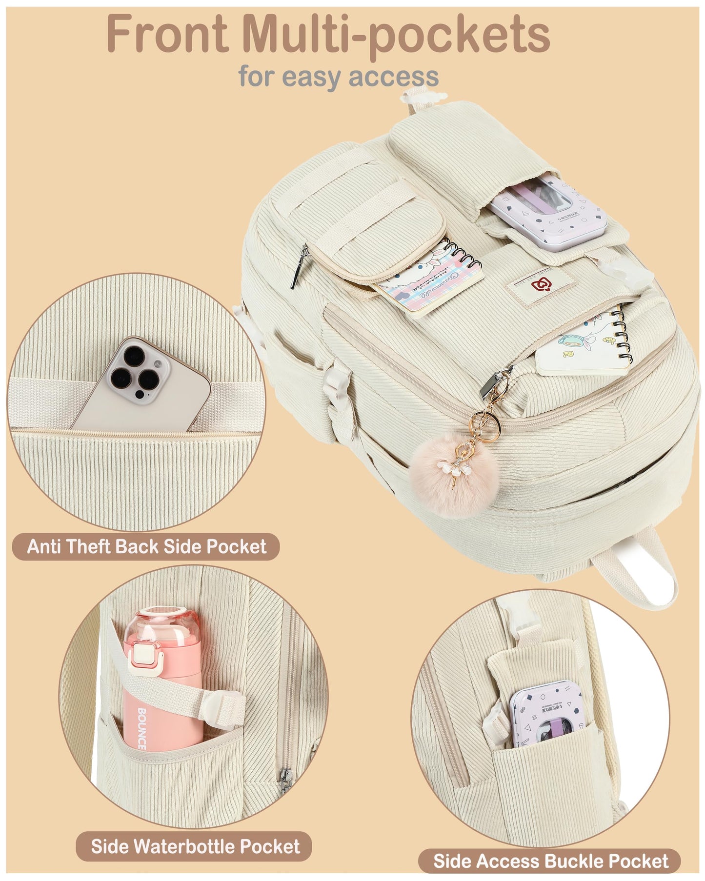 School Laptop Backpack for Teens Girls Women College Backpacks Corduroy Bag Students Bookbag Anti Theft Travel Daypack (Beige)
