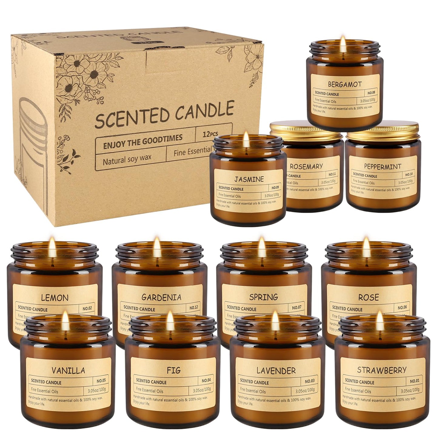 12 Pack Scented Candles - 3.5 oz Scented Candles Fine Gift Set - Soy Wax with Essential Oils - Great Gift for Women, Mothers, Friends and Colleagues.