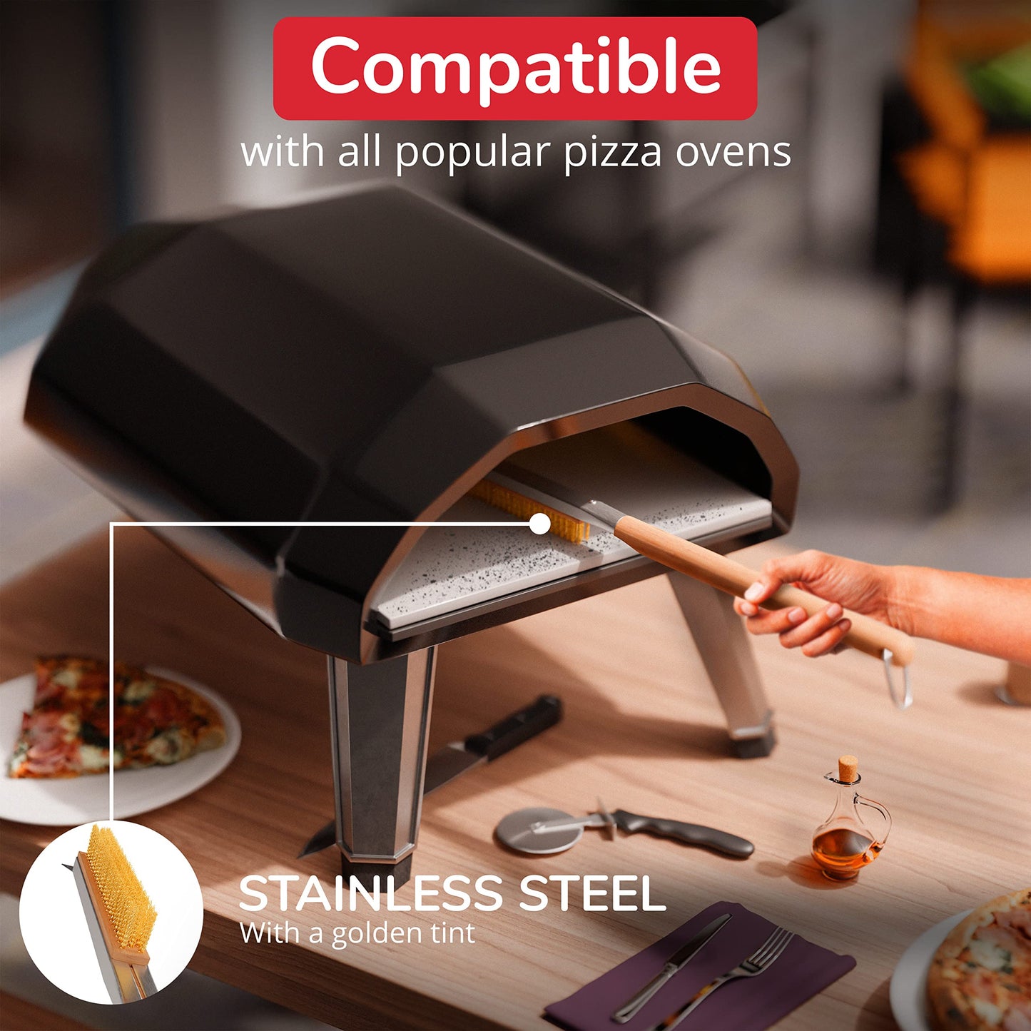 26” Pizza Oven Brush with Stone Scraper - Stainless Steel Bristles, Extra Long Handle, Heat-Resistant - Compatible with Ooni, Gozney and Similar Ovens - Includes Spare Head