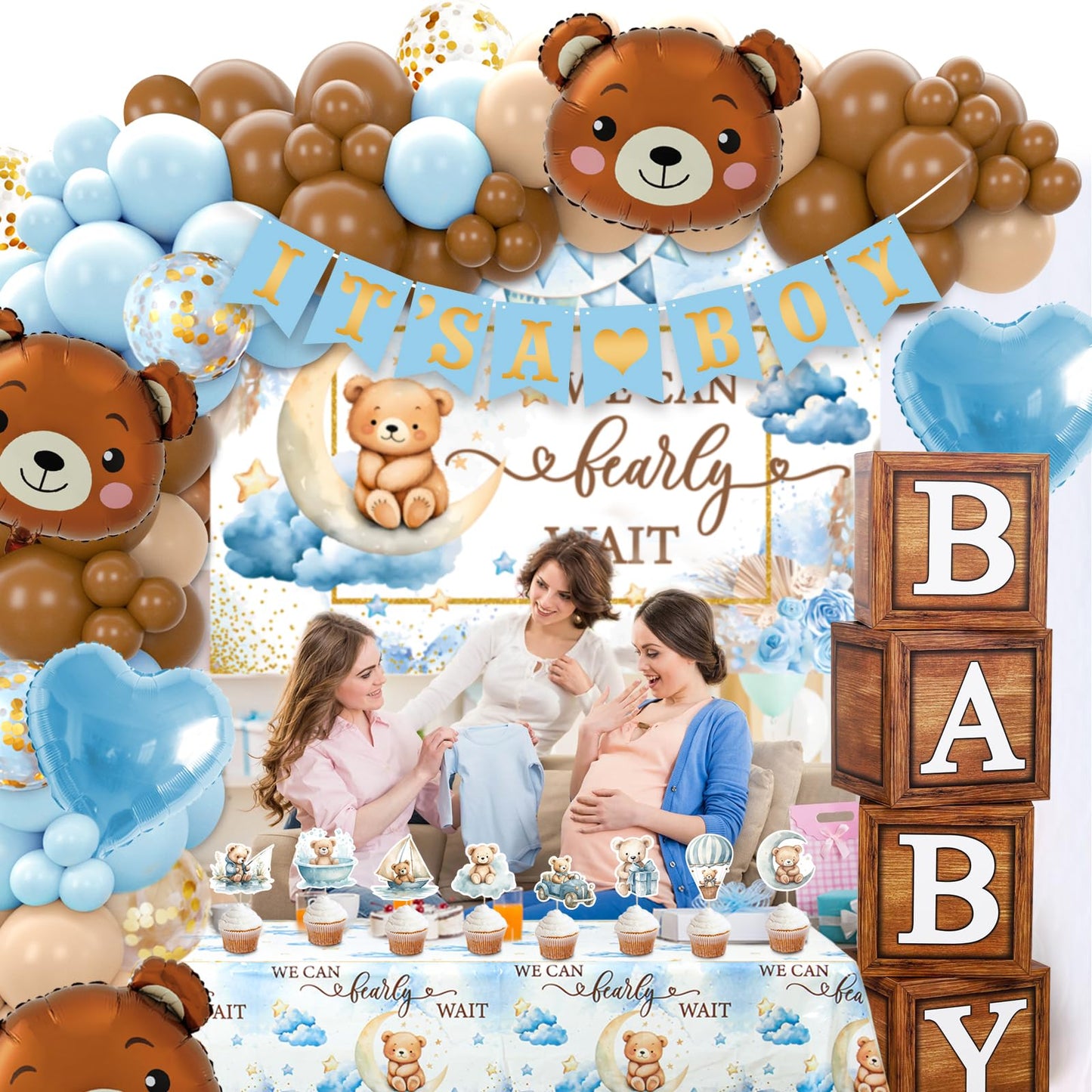 We Can Bearly Wait Baby Shower Decorations - Baby Boxes with Letters,Boho Balloons,We Can Bearly Wait Backdrop,Tablecloth for Teddy Bear Baby Shower,Birthday Supplies