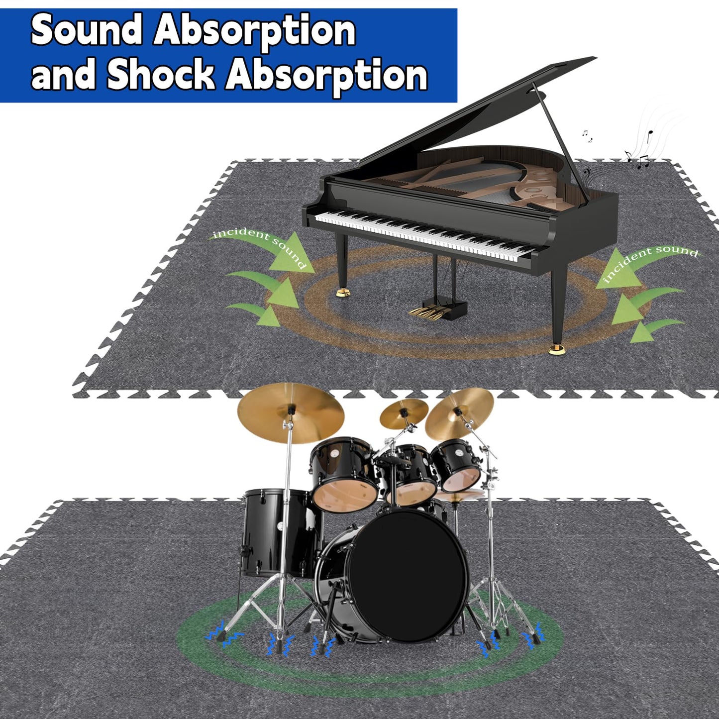 16 Pcs Thick Sound Absorbing Interlocking Floor Mats, 11"x11"x0.4" High Density Non-Slip Anti-Vibration Rug for Music Studio, Drum & Piano Room - Grey