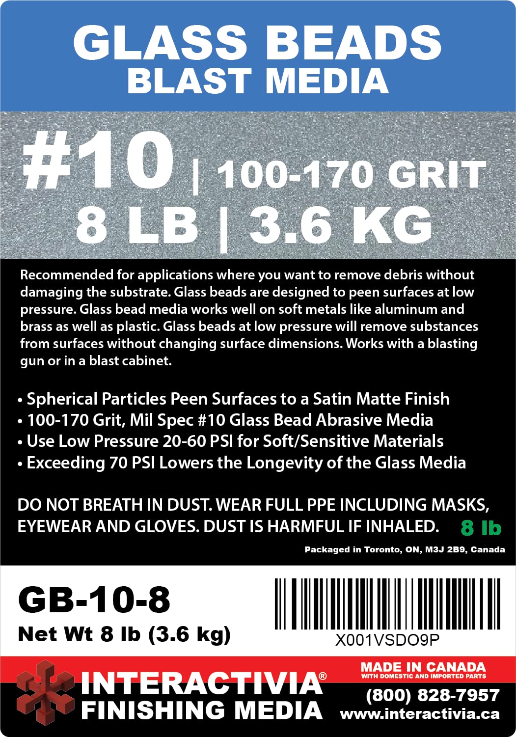 #10 Glass Beads - 8 lb or 3.6 kg - Blasting Abrasive Media (Extra Fine) 100-170 Mesh or Grit - Spec No 10 for Blast Cabinets Or Sand Blasting Guns - Small Beads for Cleaning and Finishing
