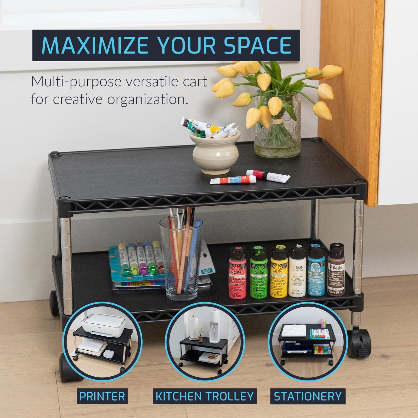 ZBRANDS Under Desk Printer Stand with Storage 24" X 14", Printer Cart, Small Printer Stand with Wheels, Small Printer Table for Home Office, Heavy Duty Low Rolling Cart, (Regular, Black)