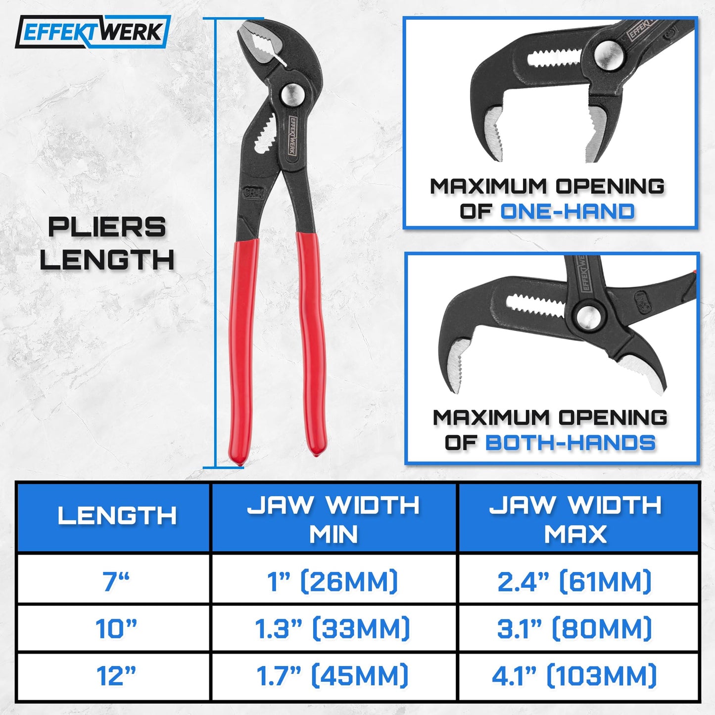 E•Werk - 3-Pc Water Pump Pliers Set - 7", 10", 12" - Non-Slip Plumbers Wrench - Tongue & Groove Pliers - Pipe Grips w/Adjustable Jaws & Ergonomic Handles