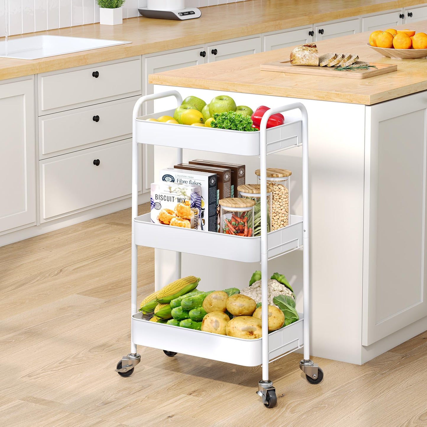TOOLF 3-Tier Rolling Cart, Metal Utility Cart with Lockable Wheels, Storage Craft Art Cart Trolley Organizer Serving Cart Easy Assembly for Office, Bathroom, Kitchen, Kids' Room, Classroom (White)