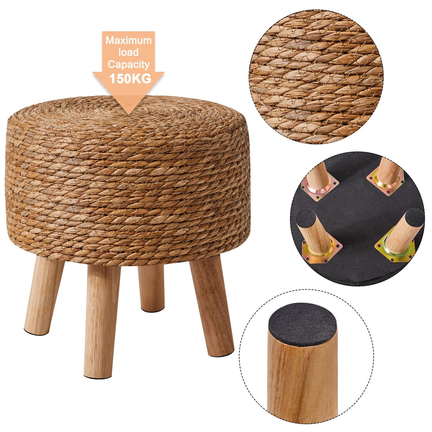 YMYNY Foot Stool Natural Seagrass Hand Weave, 12.6" Small Ottoman, Round Footrest for Living Room, Bedroom, Entryway, Change Shoes Stool, Non-Skid Wood Legs, Boho, Natural, UHBD027N