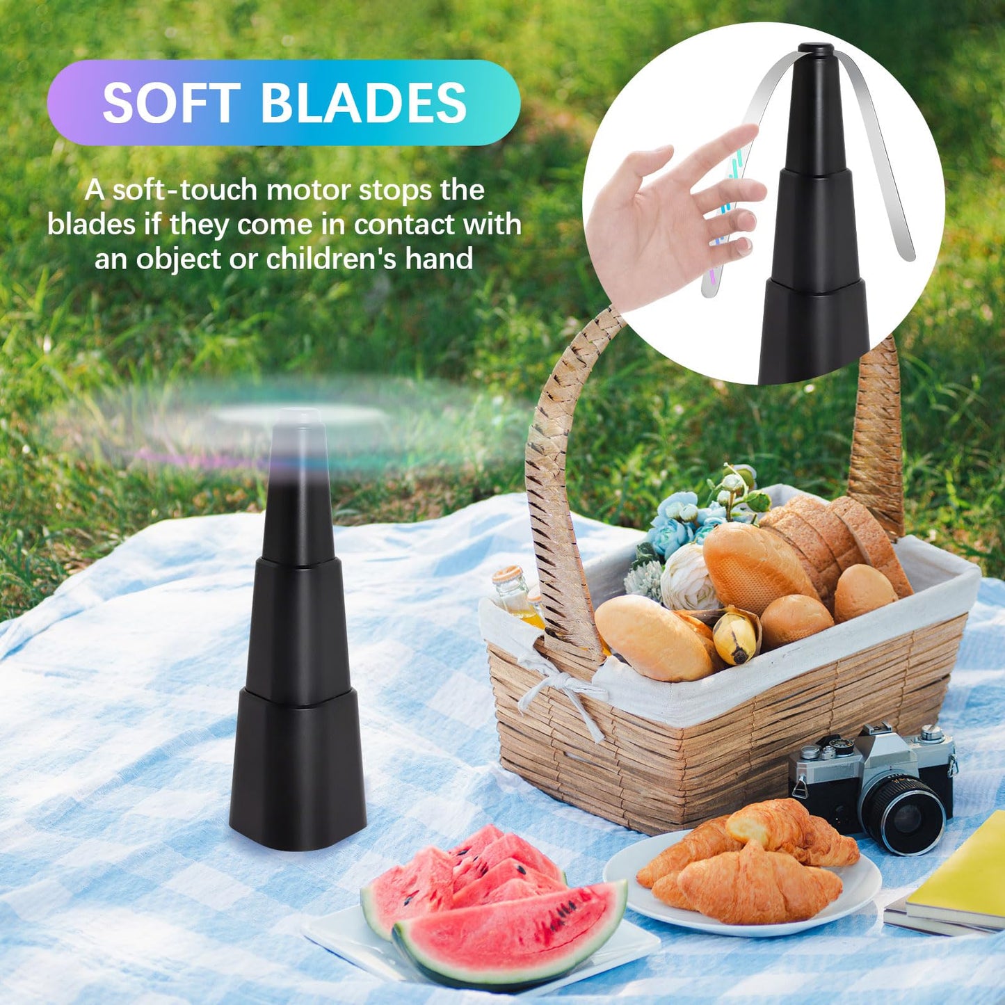 HKKDKTA Fly Fans for Tables, 4 Packs Indoor Outdoor Fan Portable with Holographic Blades, Batteries Powered Table Fan for Picnic, Party, Restaurant, Kitchen and BBQ