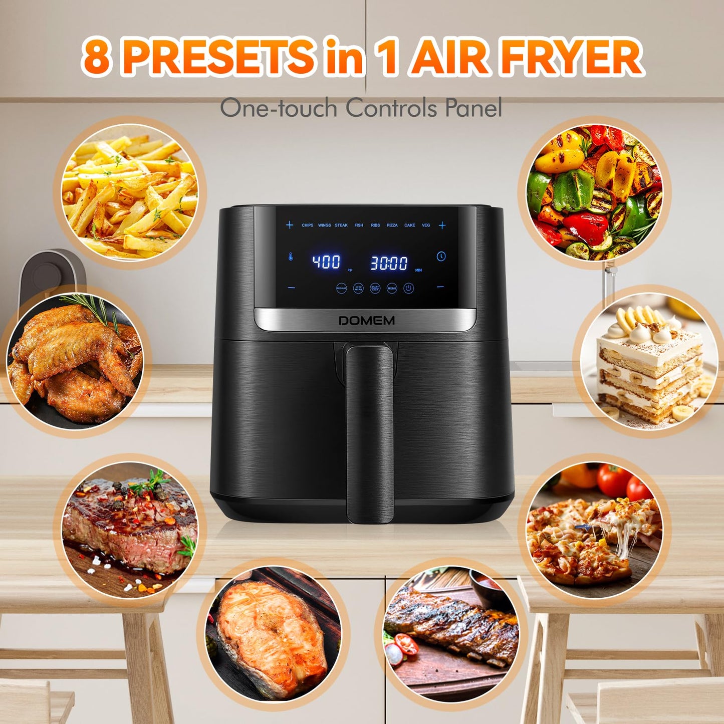DOMEM Air Fryer 4.2 Qt Oven, 8-in-1 Multicooker with Non-Stick Basket, Air Fryer with Preset Function, Cooker for Healthy and Low-Oil Meals, Convenient Operation