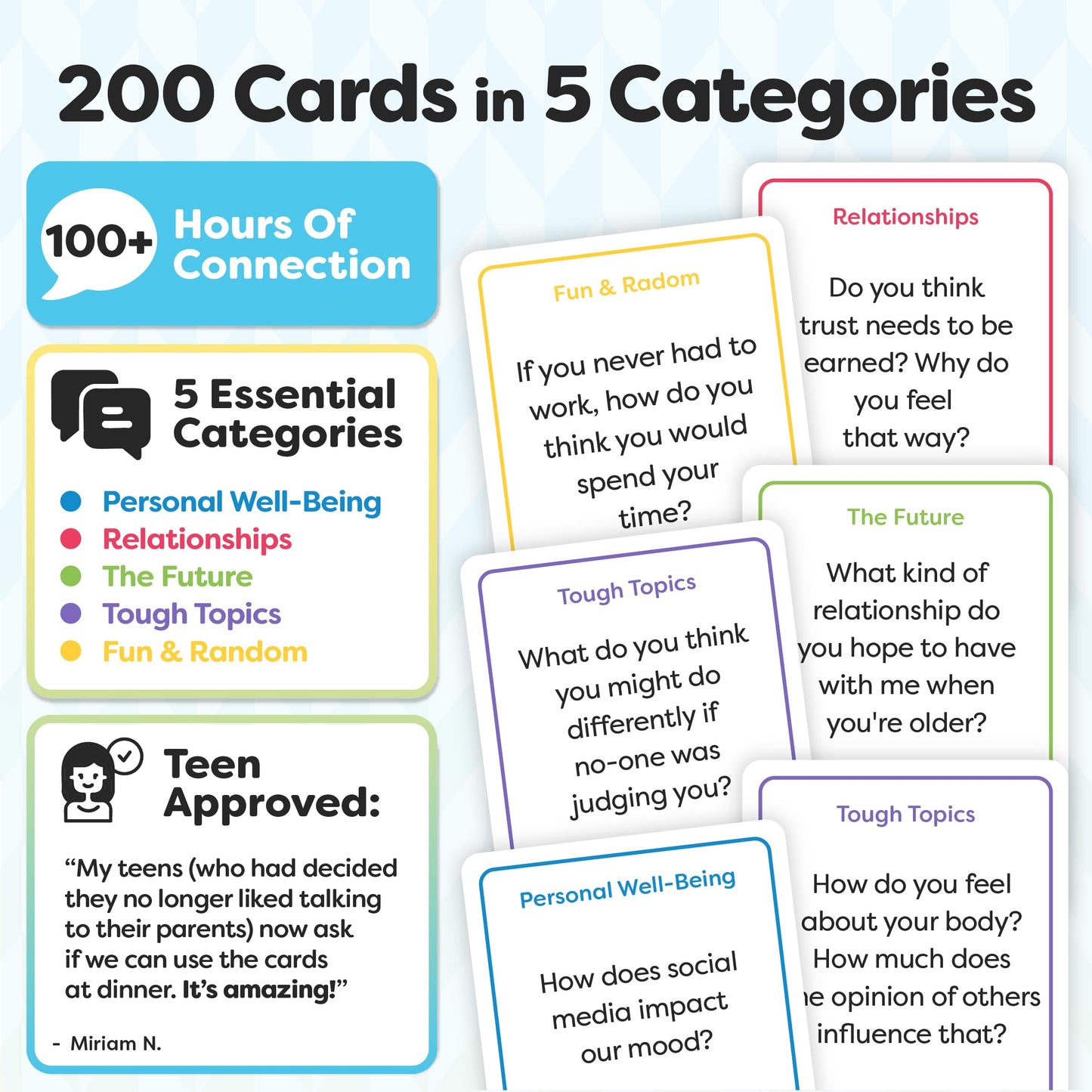 200 Teens Conversation Cards - Connecting Parents with their Teenagers - Reduce Screentime with Fun & Deep Conversation - Avoid Conflict, Improve Communication & Learn More About Your Teen Boy or Girl
