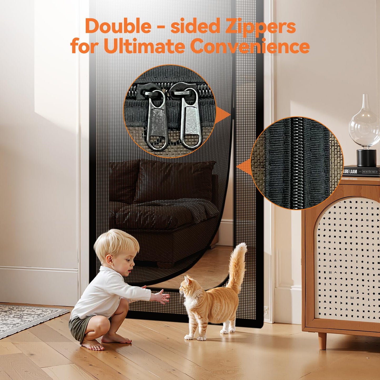 BFNN Cat Screen Door, Extra Tall Cat-Proof Mesh Gate, Fit Door Size 38'' x 82'', Anti-Cat Scratch Mesh with Zipper Closure, for Living Room, Kitchen, Bedroom (Black)