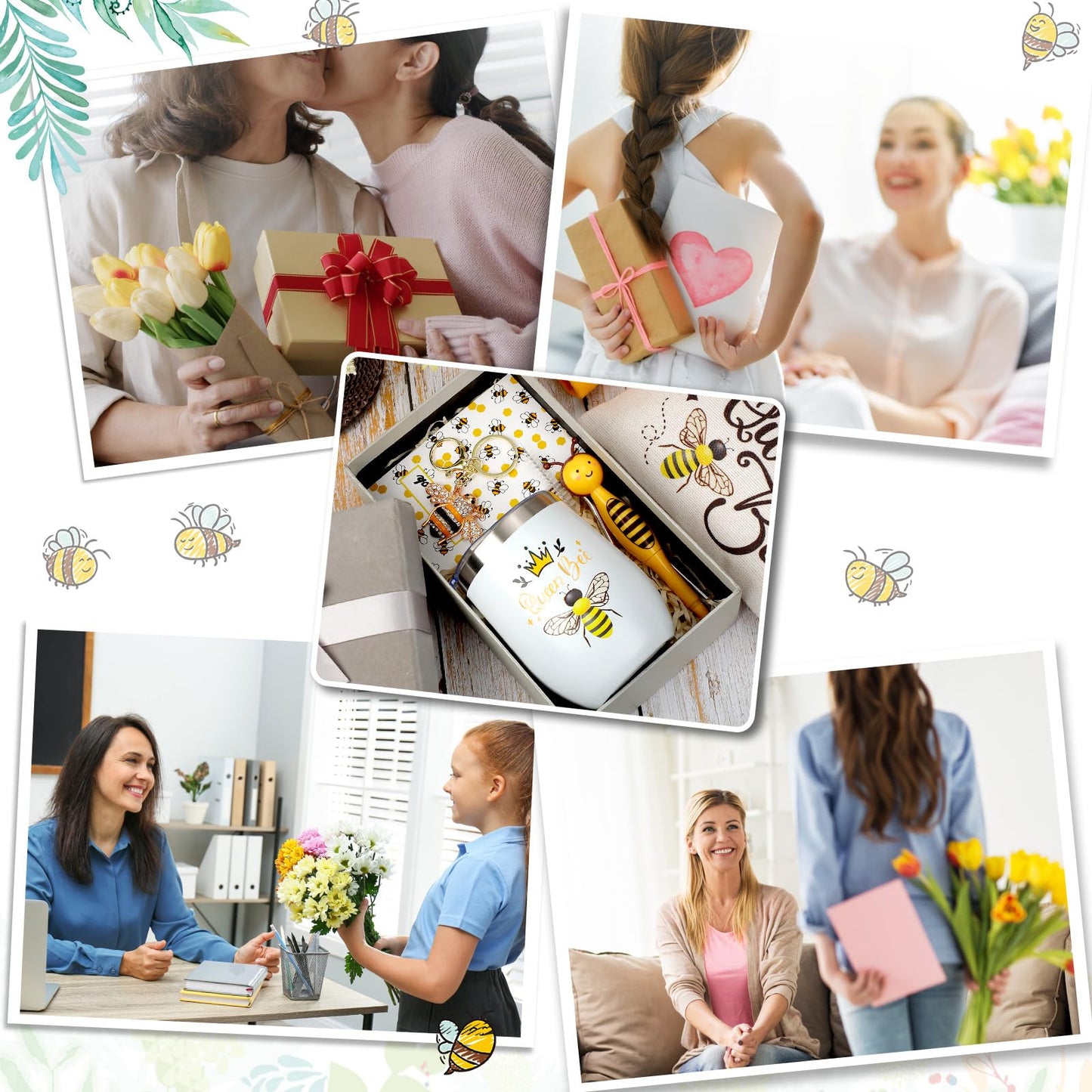 Panitay 6 Pcs Bee Themed Gifts Set for Women, 12 Ounce Stainless Steel Tumbler with Straw and Brush Socks Cosmetic Bag Notebook Pen Keychain for Mom Friends Teacher Bee Lover Gifts
