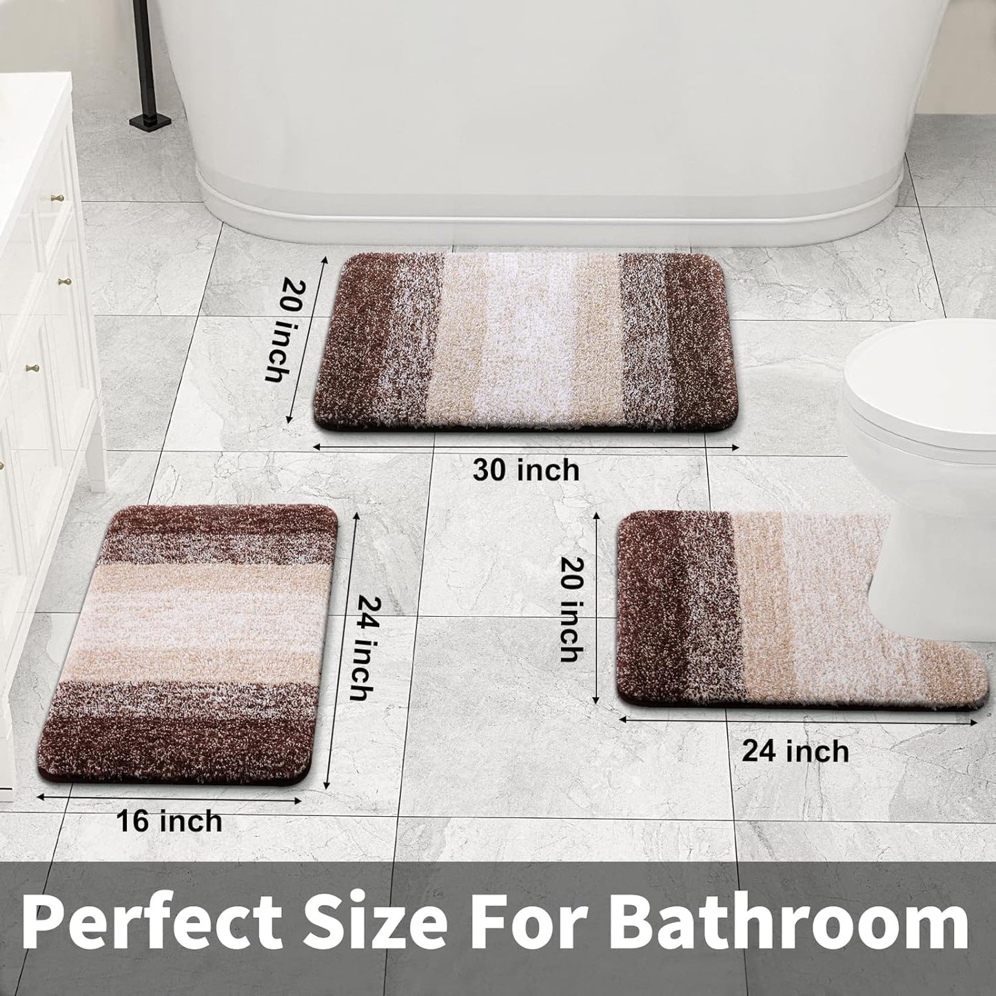 OLANLY Luxury Bathroom Mat Set 2 Piece, Soft Microfiber Absorbent Bath Mat and U-Shaped Contour Toilet Mat, Non-Slip Bathroom Rug Set, Machine Wash, Bath Mats for Bathroom, (24"x16"+24"x20", Brown)