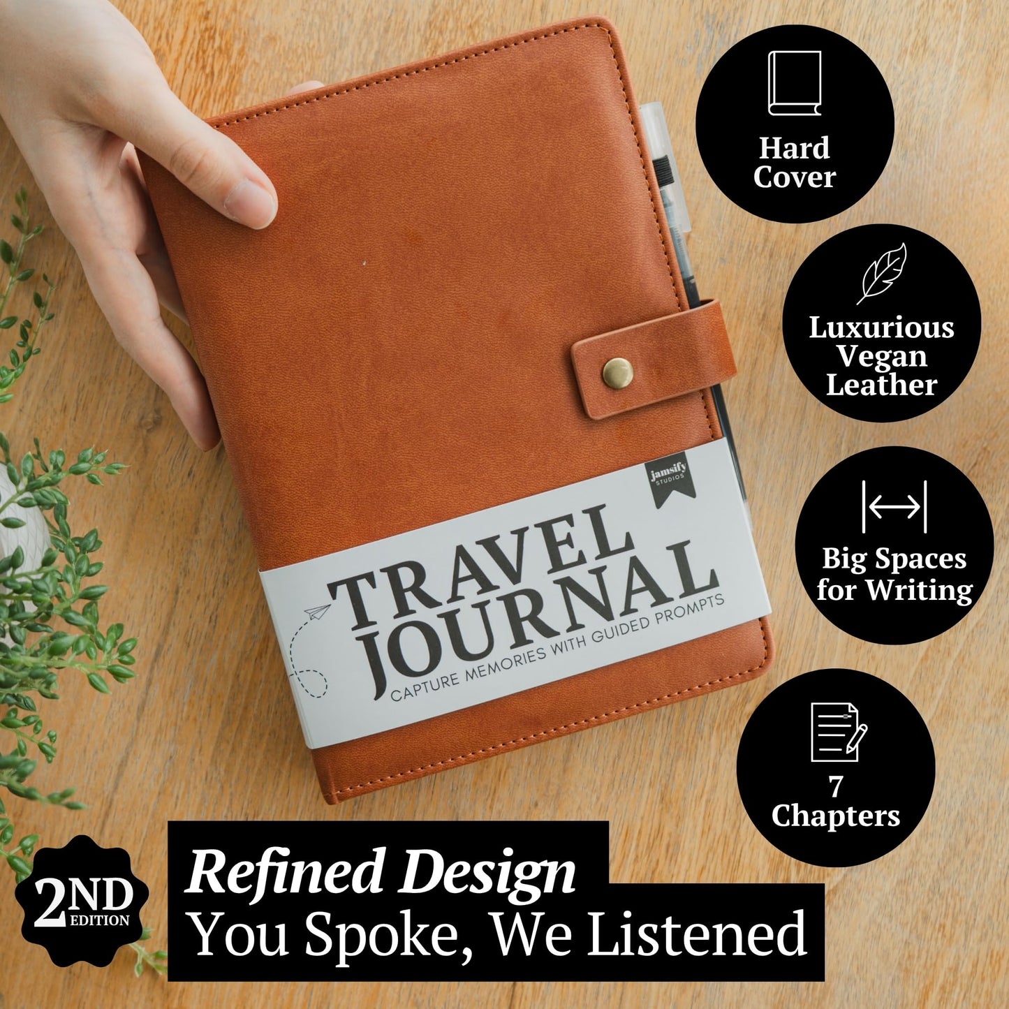 Jamsify Studios Travel Journal with Prompts (Hardcover) 2nd Edition - Vegan Leather Adventure Essential - 2-Page-A-Day Travel Journal (40 Days) for Women Men Nonbinary - A5 Daily Diary & Traveler Notebook - Gift - Present
