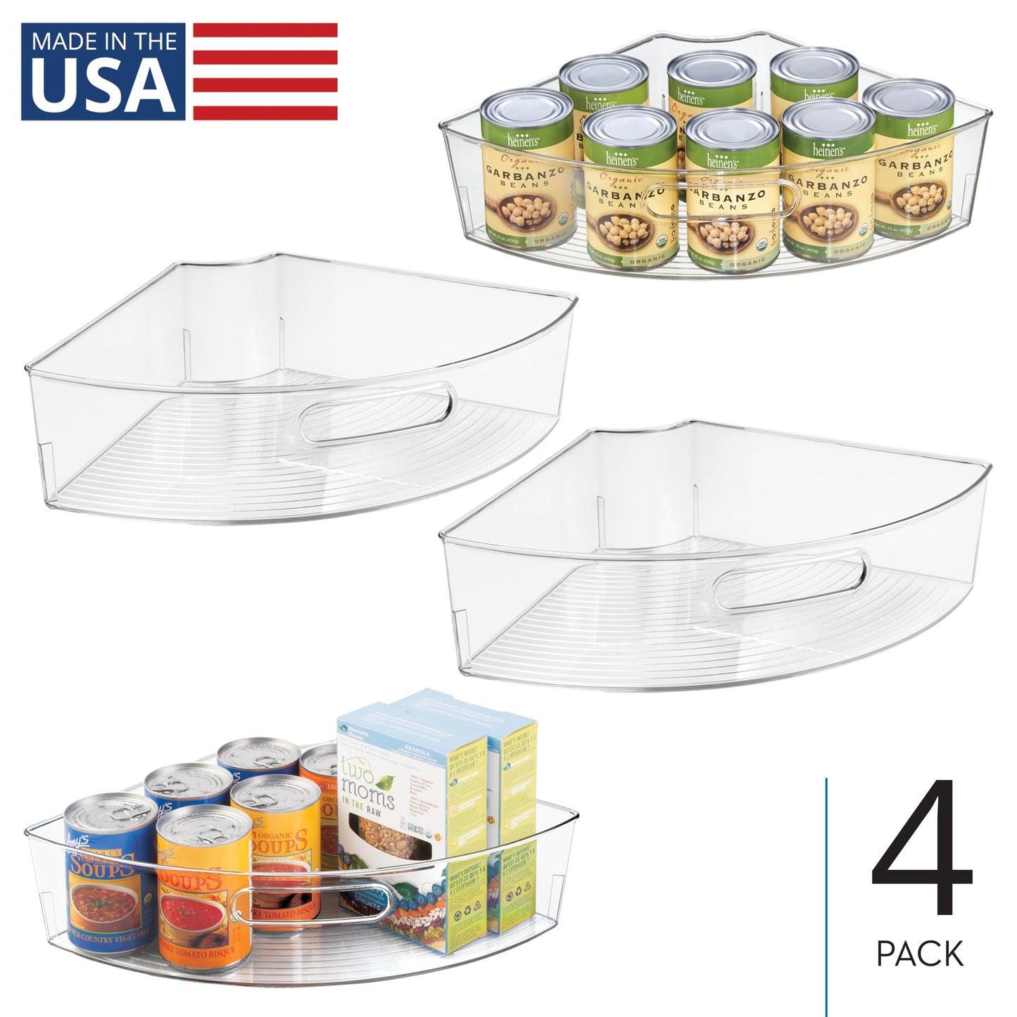 iDesign Lazy Susan 1/4 Wedge Organizer Bin with Handle - Corner Cabinet Organizer - Set of 4 - Clear