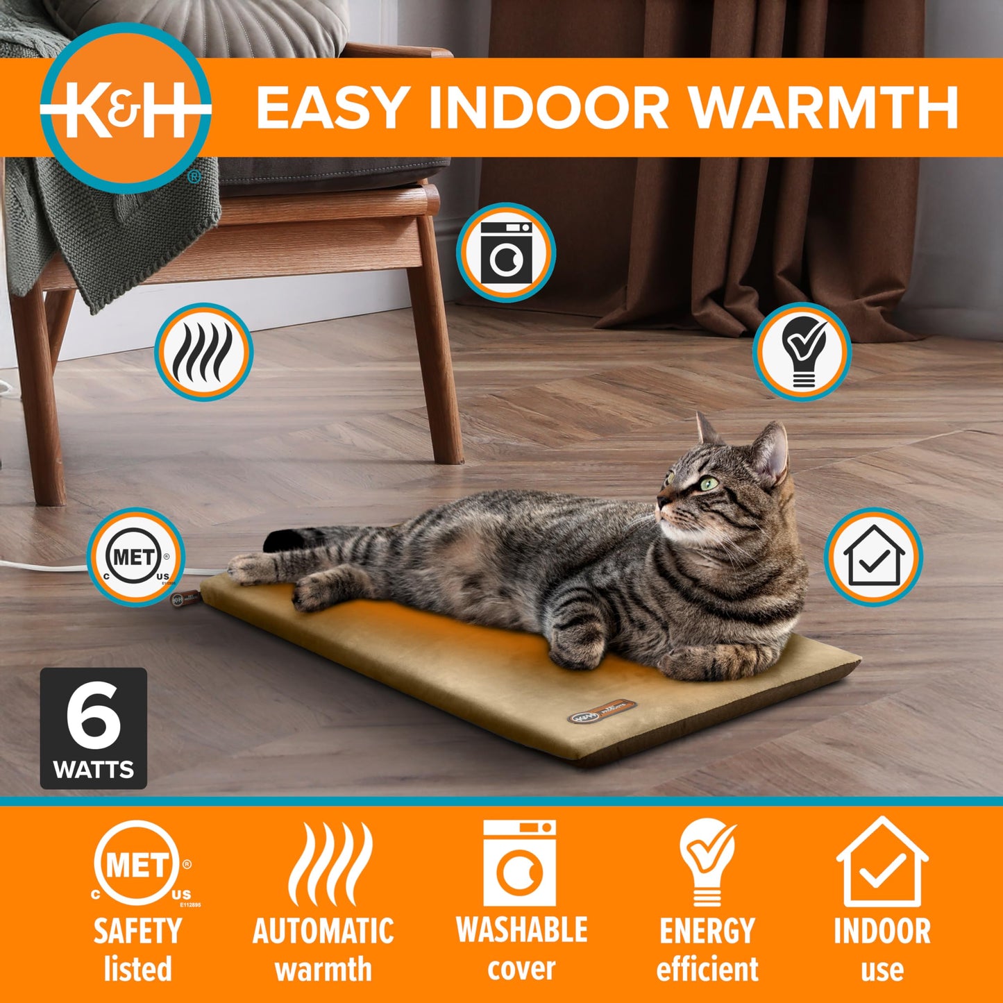 K&H Manufacturing Thermo-Kitty Mat 12.5-Inch x 25-Inch, 6-Watts, Mocha