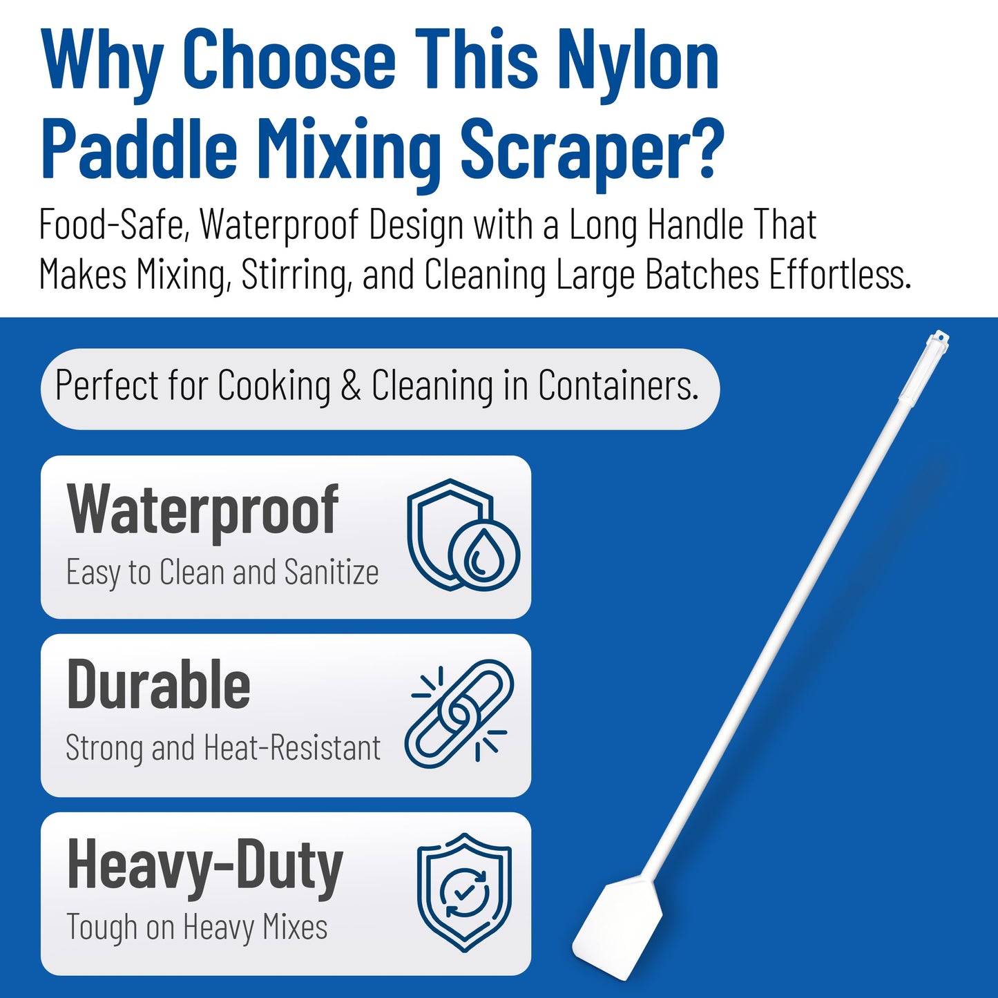 Sparta Nylon Paddle Mixing Scraper, Food Safe, Waterproof with Long Handle for Large Batch Cooking and Cleaning, 48 Inches, White