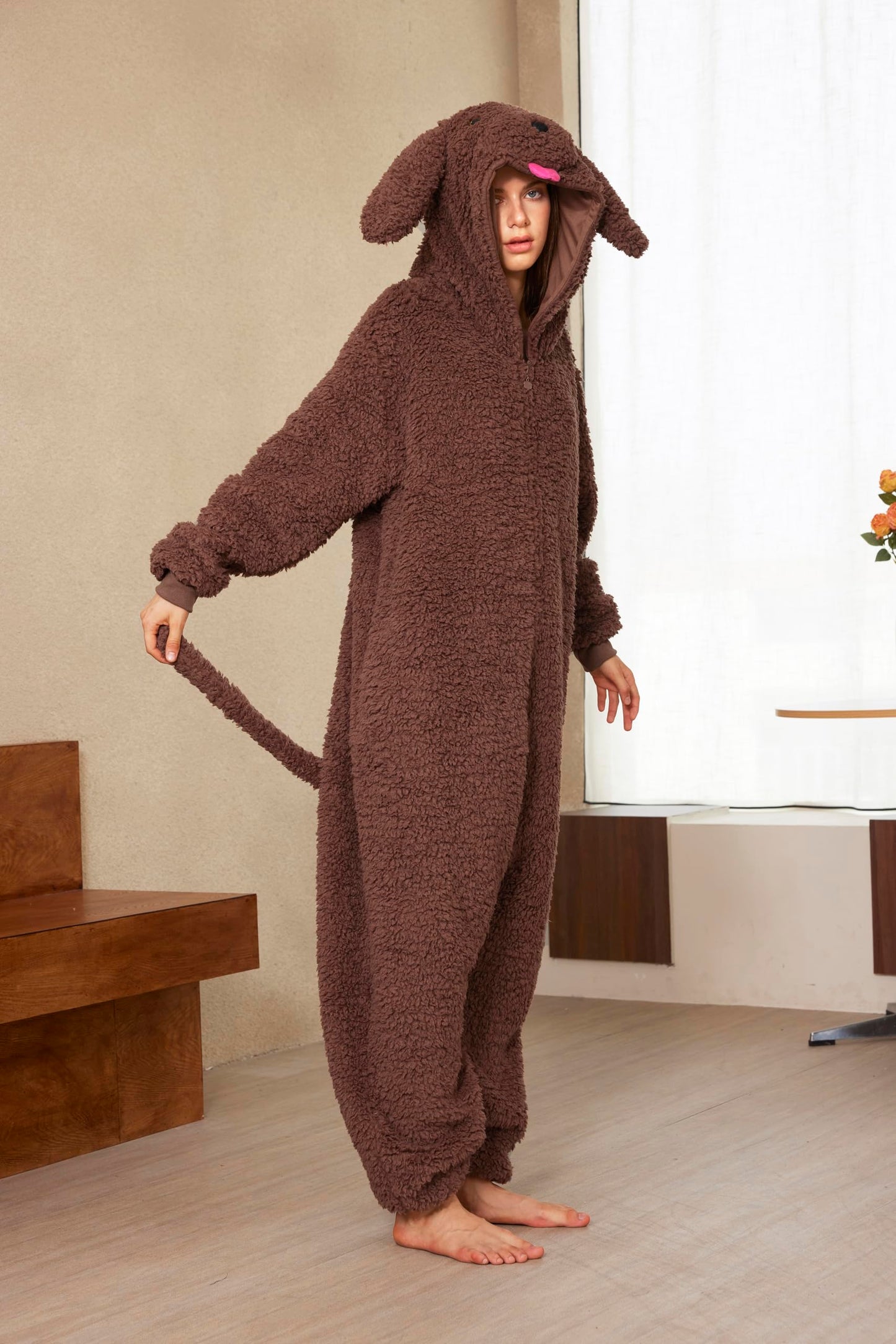 Loiahoer Unisex Animal Poodle Puppy Dog Costume Onesie Pajamas Halloween Costume Christmas Pajamas Gifts for Women & Men, Brown, Medium