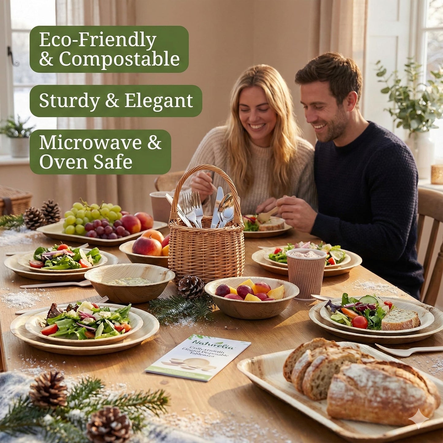 Naturelia 100% Compostable Combo 7” & 10” Palm Leaf Disposable Plates (48 Pck)- Biodegradable, Natural & Eco Friendly Disposable Plates for Wedding, Party, Picnic & Event