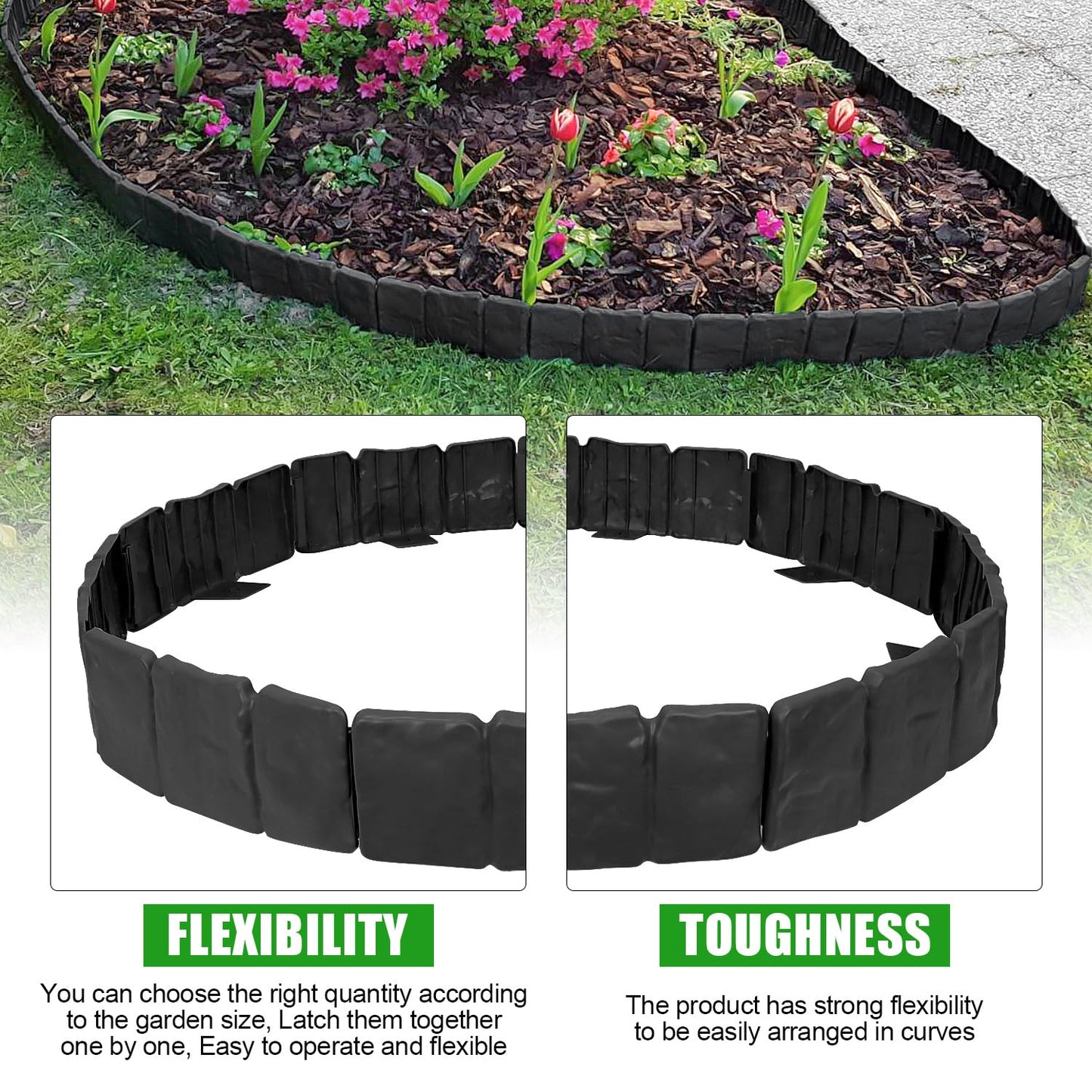 Garden Edging Border NO DIG, with Landscape Edging Anchoring Spikes, Black Stone Effect Plastic Lawn Edging Fencing, Interlocking Yard Lawn Edging for Flower Bed | 32 Ft | 40Pcs | Black |