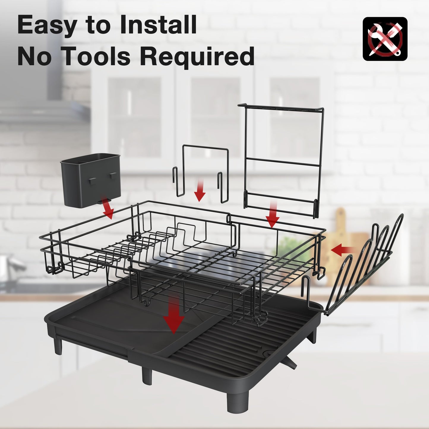 MAJALiS Extendable Dish Drying Rack - Dual Part Dish Racks with Drain Board, Adjustable Large Dish Drainer with Utensil Holder, Spatula Holder and Cutting Board Holder, X-Large 32.5-52 cm, Black