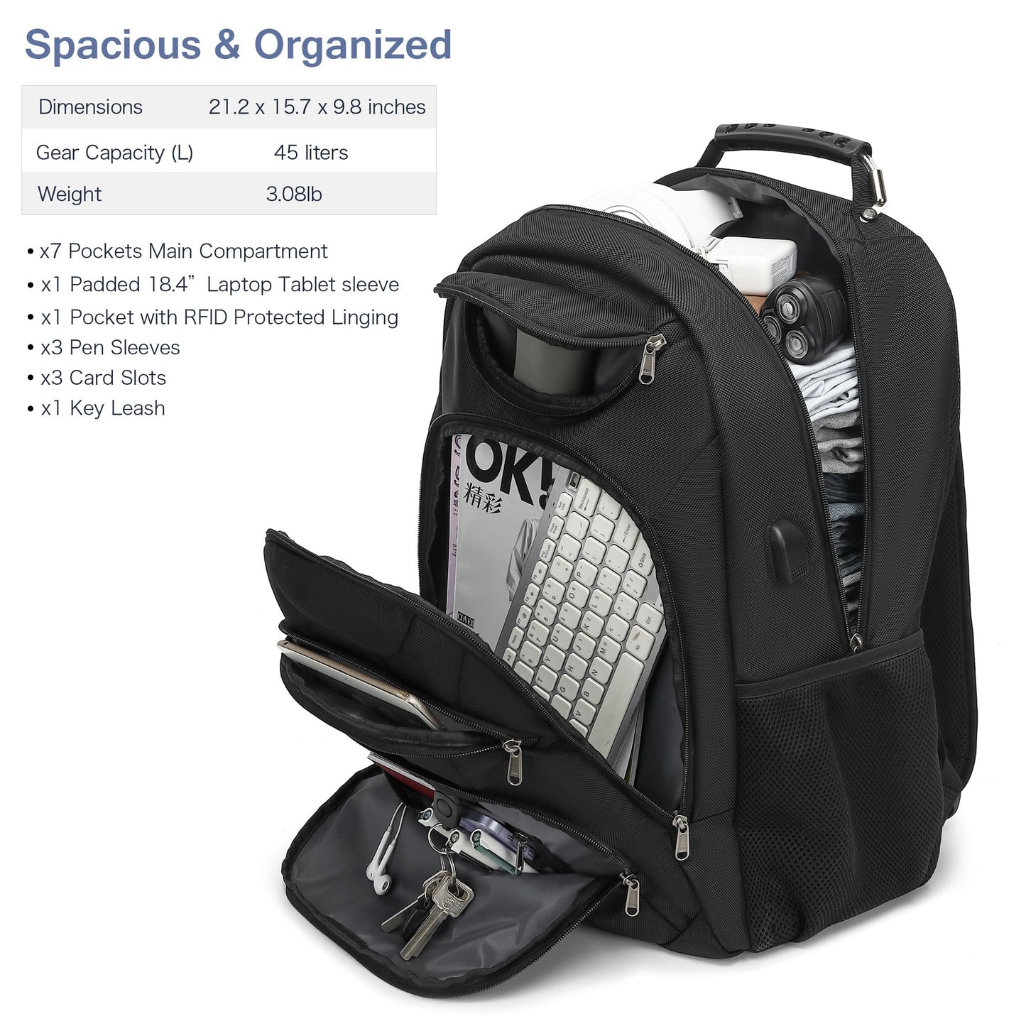 Boavan Laptop Backpack for men, 17.3 inch Laptop Bag with USB Port, Waterproof Travel Work Backpack Purse, Anti-Theft Teacher Nurse Doctor Casual Bookbags Office Business backpack,Black