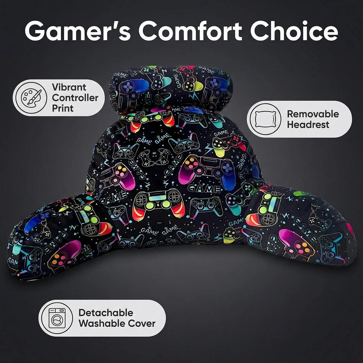 Reading Pillow with Gamepad Prints Large Backrest with Arms for Adult Kids Back Pillow for Bed & Couch Sitting Up with Arms & Washable Cover (Gamepad)