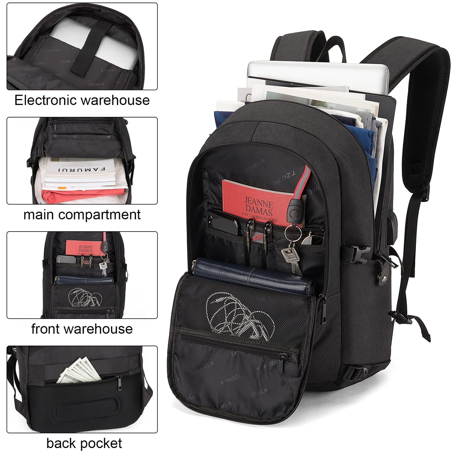 Tzowla Laptop Travel Slim School Backpack Water Resistant Anti-Theft Bag with USB Charging Port and Lock 15.6 Inch Computer Business Backpacks for Men Women College Student Gift,Bookbag Casual Daypack