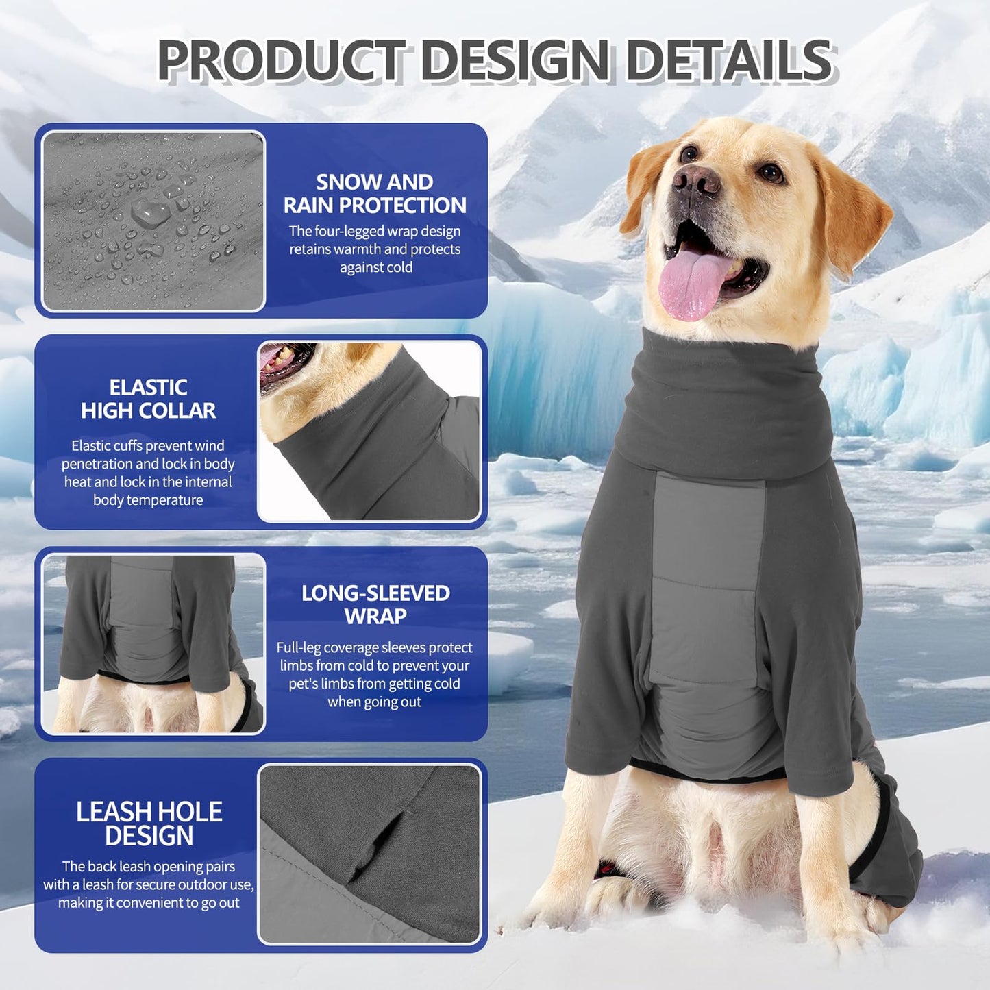 BRKURLEG Full Body Dog Winter Coat Warm Fleece Pullover Pajamas, Four Legs Covered Windproof Dog Jacket for Small to Large Dogs, Turtleneck Dogs Snowsuit, Pet Cold Weather Clothes, Grey M