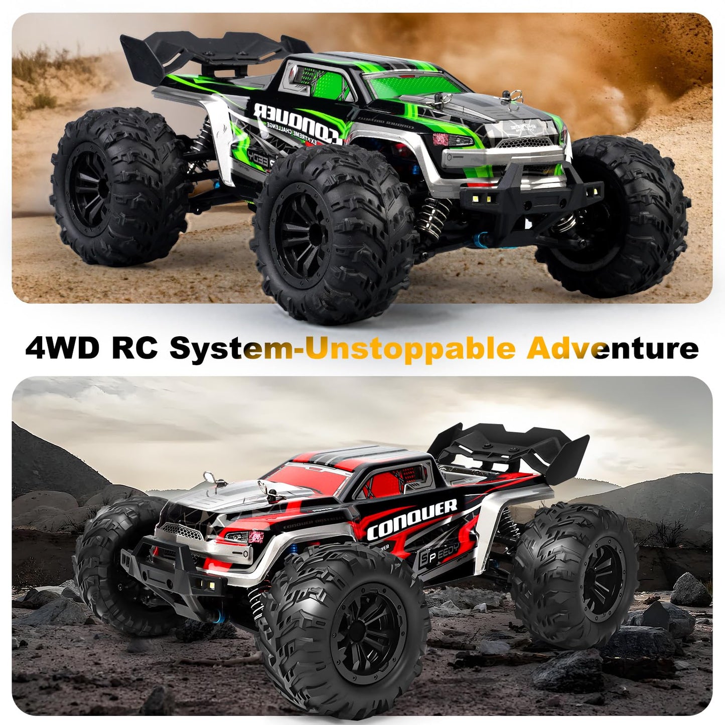 GAMRUXI 1:16 Scale 4WD High-Speed RC Car, 40+KM/H Off-Road Remote Control Truck for Adults & Teens - All Terrain Electric Vehicle with 2 Rechargeable Batteries & 2.4GHz - Gift Idea(Green&Red)