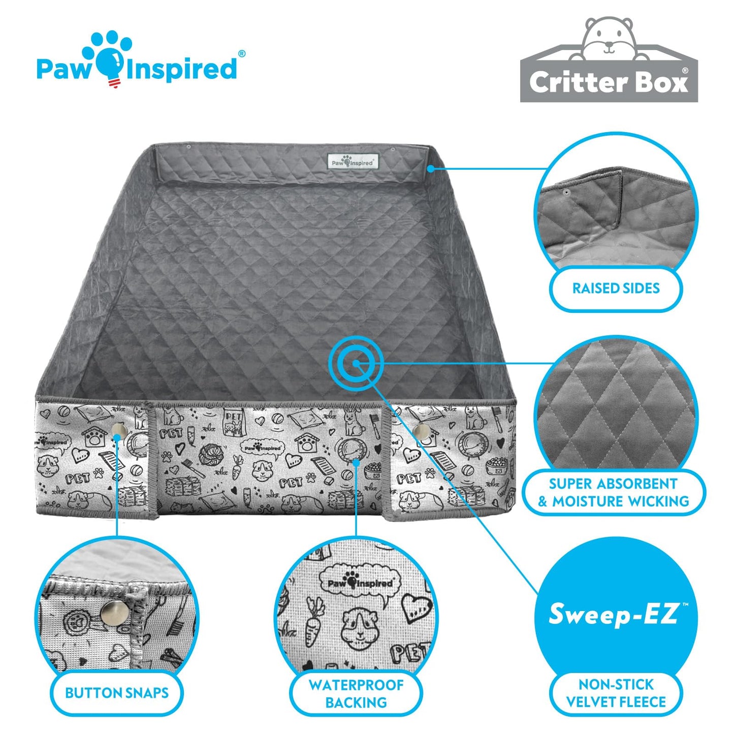 Paw Inspired Critter Box | Washable Guinea Pig Cage Liners with Raised Sides | Fleece Bedding for Guinea Pigs Rabbits, Hamsters, Small Animals | Edge Protected Pee Pads (C&C 2x1 (14" Grids))