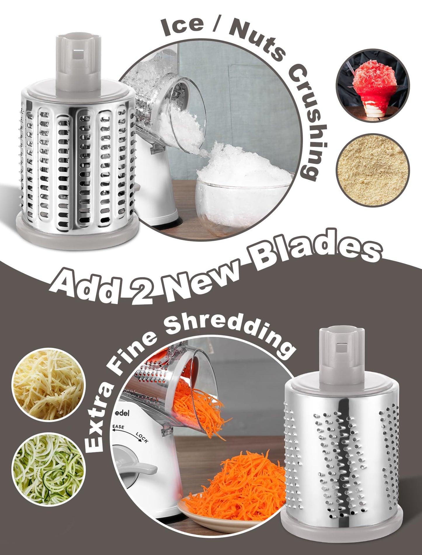 Geedel Rotary Cheese Grater, Mandoline Vegetable Slicer with 5 Interchangeable Blades, Easy to Use Rotary Grater Slicer for Fruit, Vegetables, Nuts, White