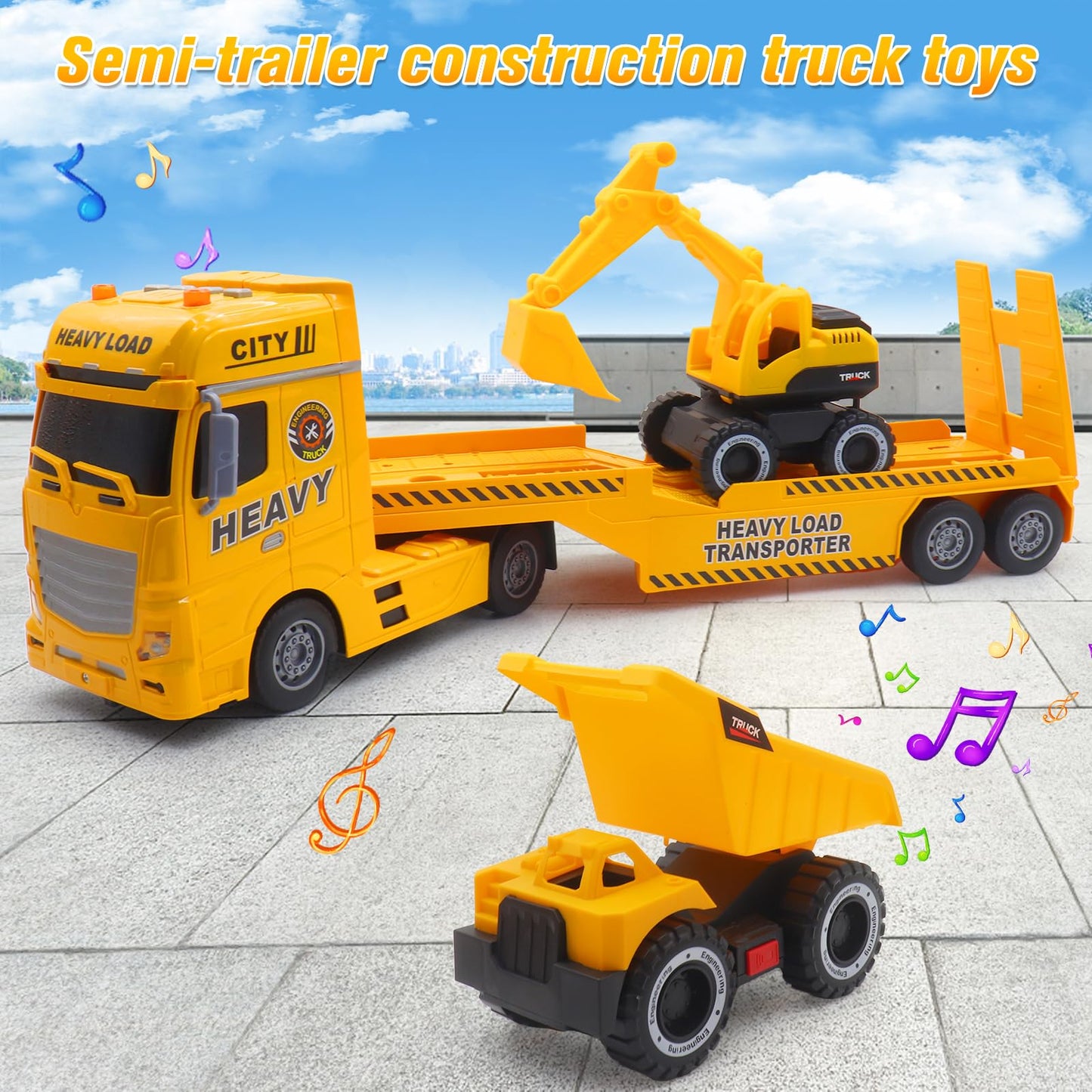 Yiwsnust Large Flatbed Semi Truck Toy for Kids, 25.6'' Construction Carrier Semi Truck with Excavator and Dump Trucks, Friction Powered Construction Transport Truck Kids Toy with Light & Sound