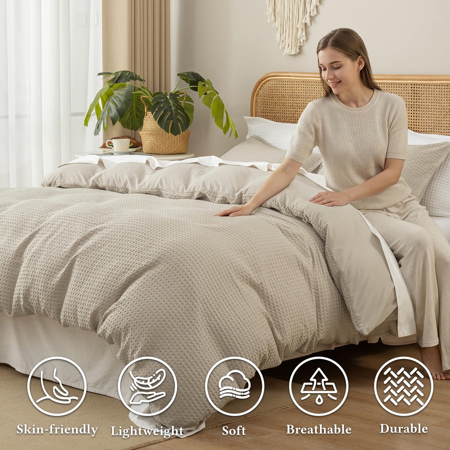 David's Home Waffle Weave Duvet Cover Set Queen Size,Soft Breathable 3pcs Comforter Cover Set with 2 Pillowcases,Textured Home Decor Bedding Set Cozy for All Seasons, Nature 90"×90",No Comforter
