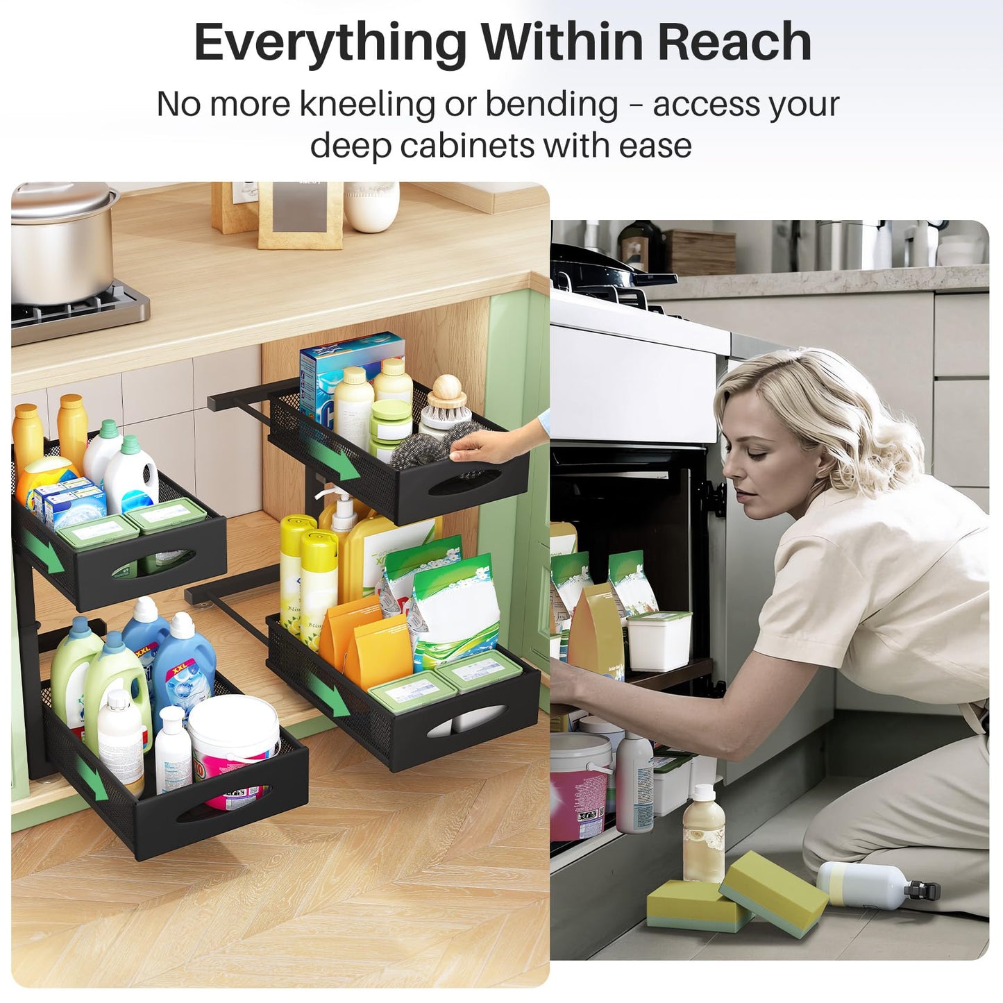 Under Sink Organizer, 2 Tier Pull out Cabinet Organizer Baskets with Mesh Sliding Drawers, Slide out Storage Shelf for Home, Kitchen, Bathroom, Pantry, Office Cabinet(2 Pack)