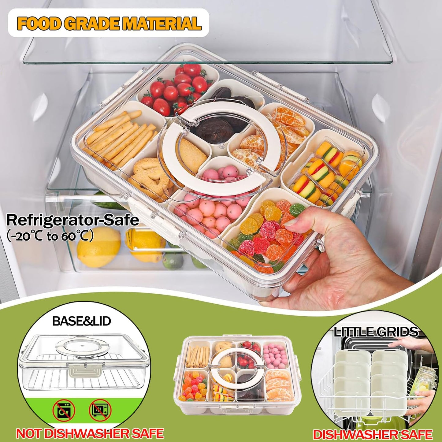 KIGITIONE 2 Pack Snackle Box Container, 8 Compartments Snack Box, Portable Serving Tray with Lid and Foldable Handle, Snack Organizer for Fruits, Snacks, Nuts, Veggies, Ideal for Travel & Picnics