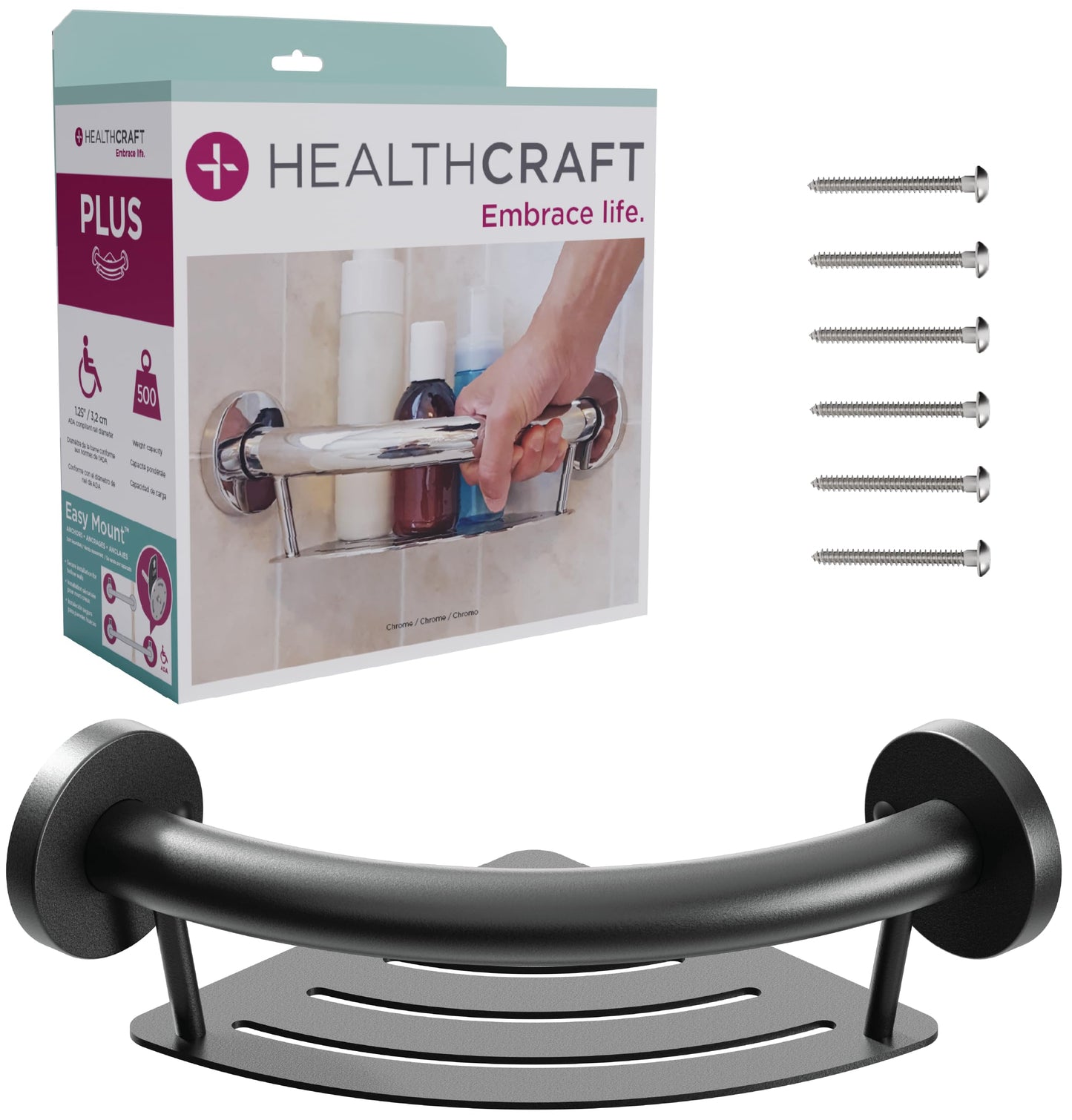 HEALTHCRAFT Plus 2-in-1 Corner Shelf and Grab Bar (9.5 Inch) | ADA Compliant Bathroom Safety Grab Bar for Seniors, Wall-Mounted, Supports Up to 500 lbs, Matte Black