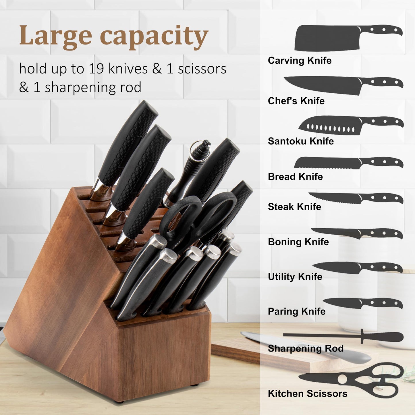 20 Slots Knife Storage Without Knives - Universal Acacia Wood Knife Holder for Kitchen Countertop, Large Butcher Block Organizer, Easy