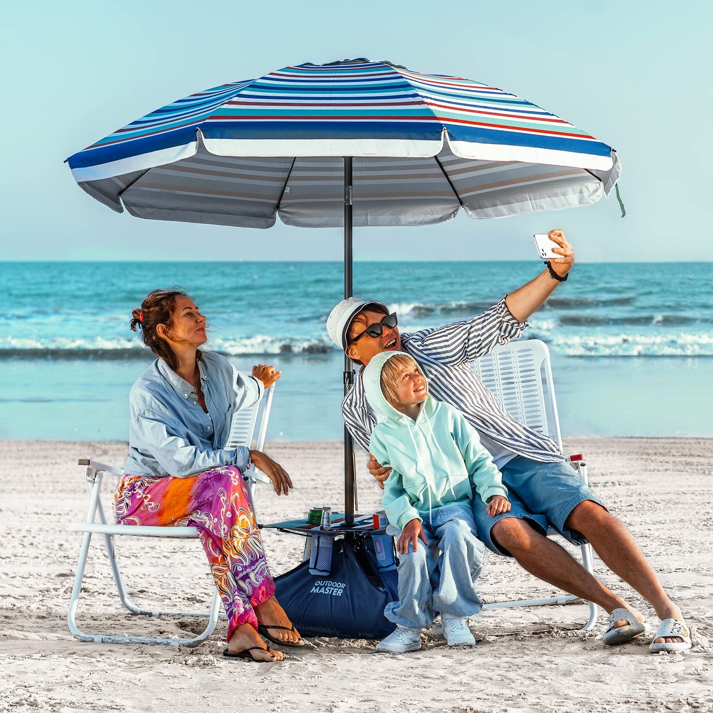 OutdoorMaster Beach Umbrellas for Sand with Sandbag & Anchor, 6.5ft Adjustable Umbrella for Beach Heavy Duty Wind, Portable UPF50+ Sunshade with Carry Bag for Patio, Blue Red Striped