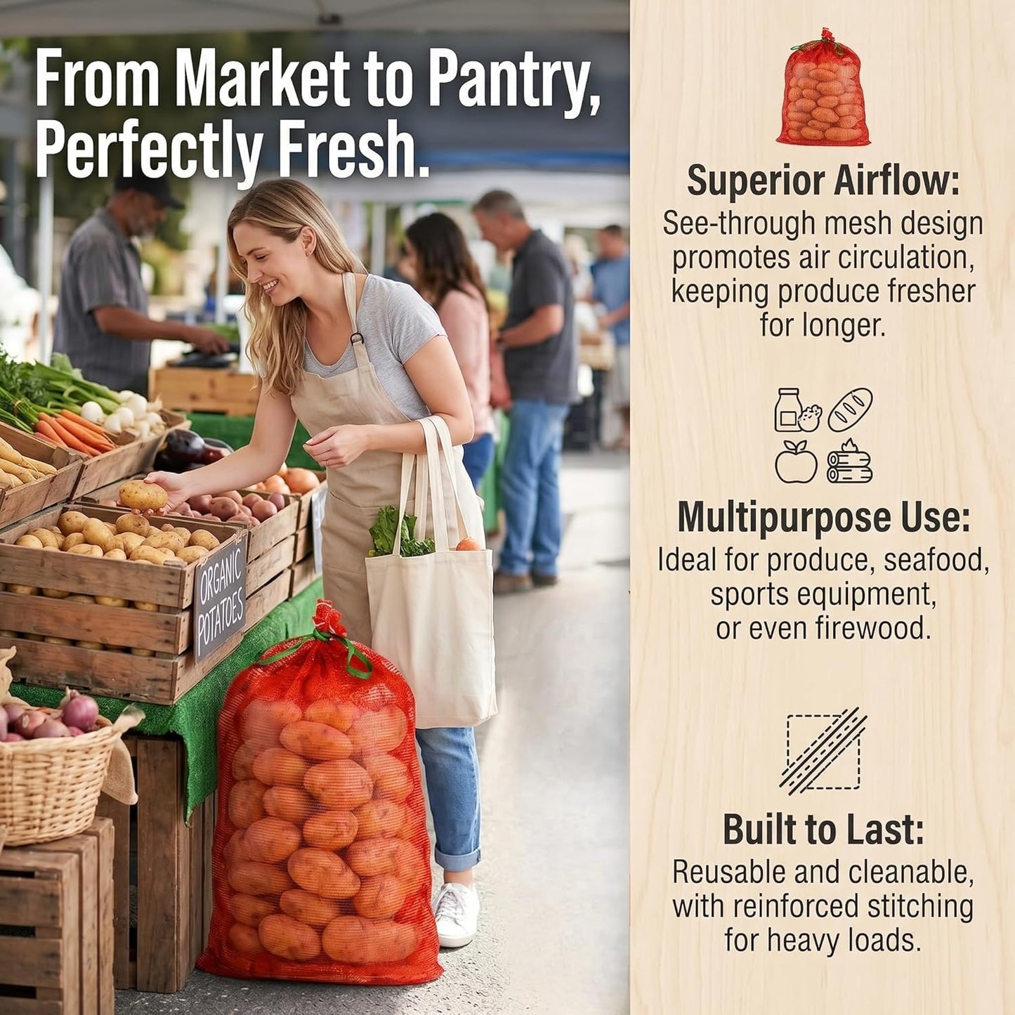 WUWEOT 50 Pack Mesh Produce Bags, 31"×19" Breathable Vegetable Storage Bags, Reusable Washable Net With Drawstring for Onions, Potatoes, Citrus, Crawfish